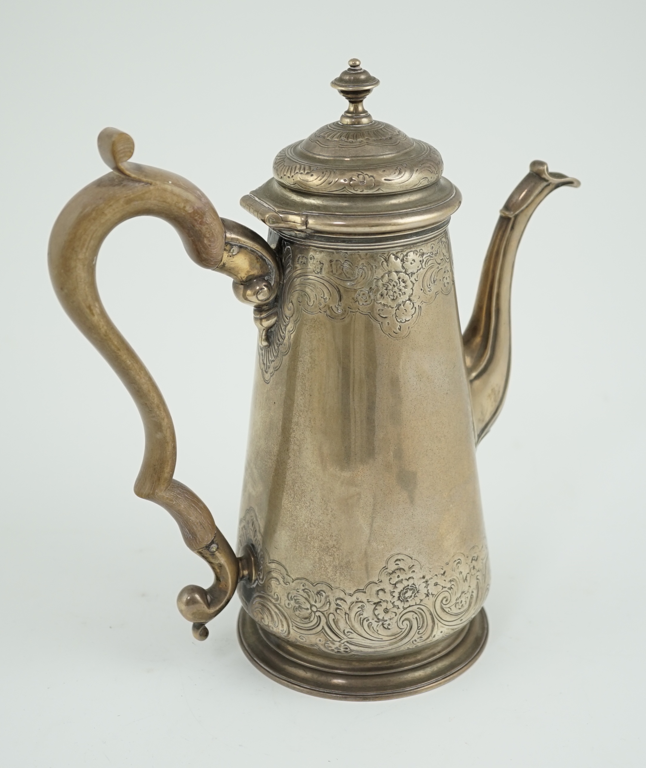 A George II silver coffee pot with later engraved decoration, Robert Tyrrill